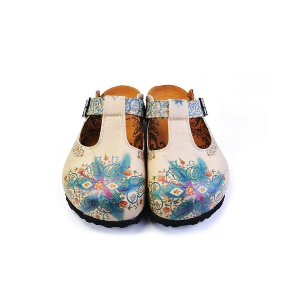 SOLD OUT - Goby Shoes - White & Blue Floral T-Strap Mule - Picture 2 of 5
